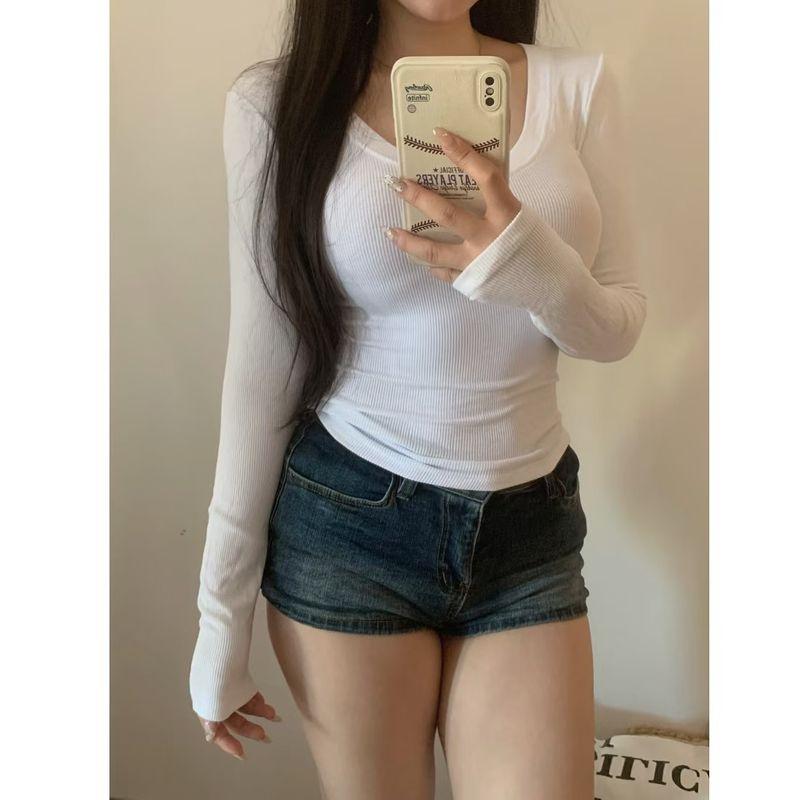 

@ Экспорт Одиночный Американский Ским Одежда Слим Облегающий Талия Талия Соотношение Талии и Бедер V-образный вырез Длинные рукава Футболка Топы White (slightly transparent XL