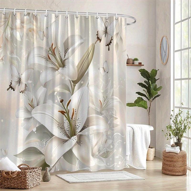 1pc Elegant White Lily and Butterfly Shower Curtain - Dreamy Romantic Style, Machine Washable Polyester for Bathroom