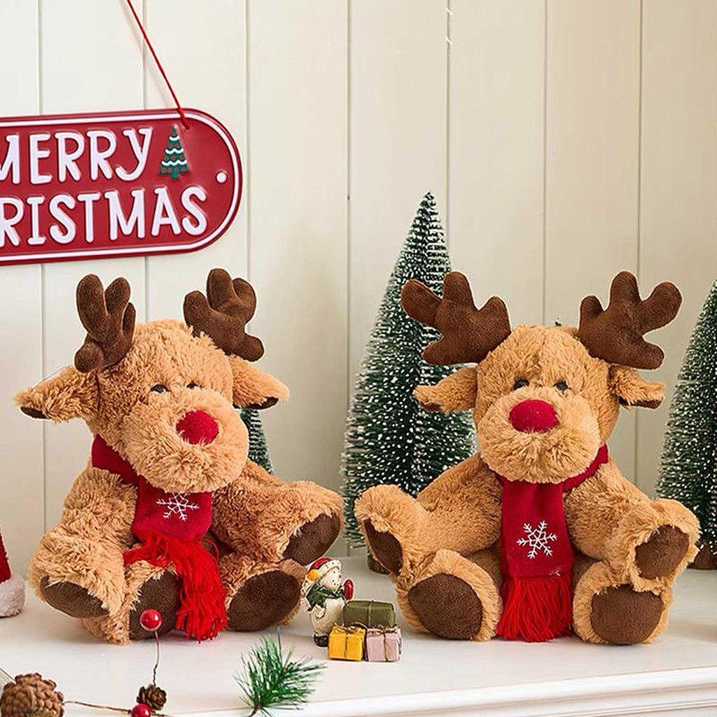 Cute, Fluffy Christmas Reindeer Plush Toy Cushion with a Red Scarf. Soft To the Touch. Perfect for Kids and Adults, Birthdays, Christmas, or As a