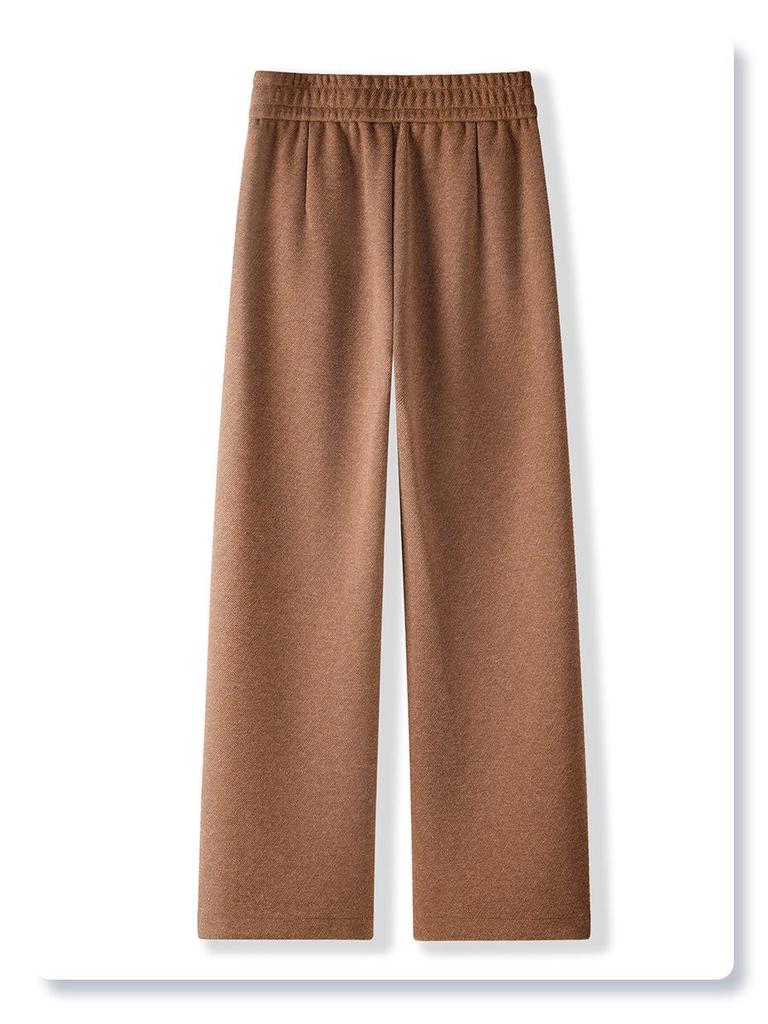 Women's 2024 Khaki Wool Blend Loose Fit Slimming Wide Leg Pants for Autumn and Winter