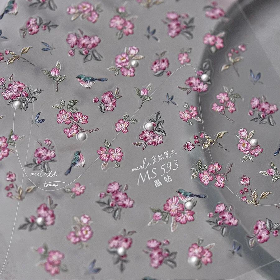 Gradient White Pink Butterfly Flower Shiny Stars Chic Spring Petal 5D Soft Adhesive Nail Art Stickers Decorations Manicure Decal