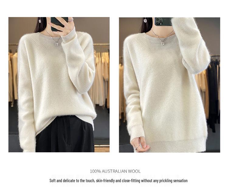 Women's Slimming Wool Pullover Sweater - Loose Knit, Versatile Autumn/Winter Base Layer, Solid Color, Round Neck.