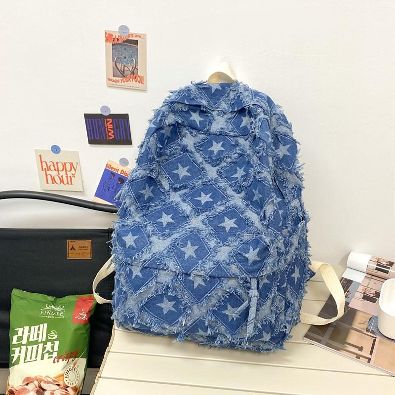 

2025 Rough Selvedge Tassel Vintage Punk Denim Backpack Man Woman Korean Fashion School Bag Outdoor Travel Backpack синій