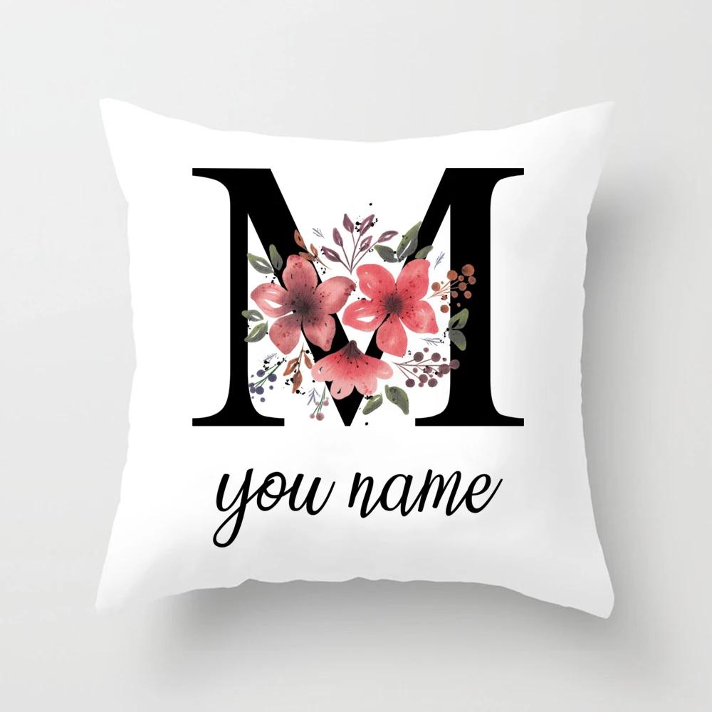 Personalized Name Flower Letter Pillow Case Alphabet Print White Square Pillow Case Dust Cover Bedroom Party Decoration