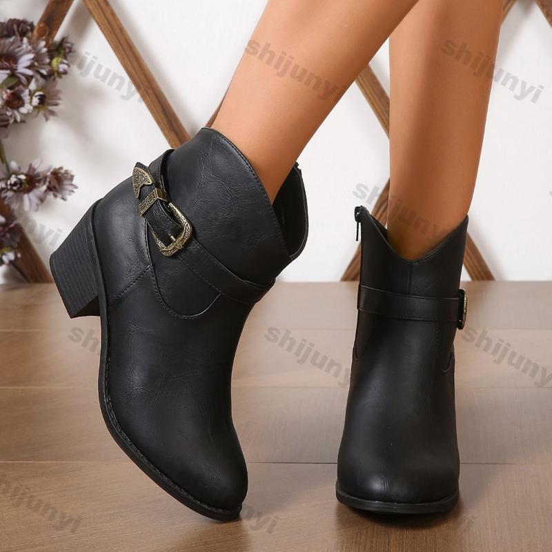Fashion Fashion Western Cowboy Boots for Women Belt Buckle Chunky Heeled Combat Boots Woman Thick Bottom Side Zipper Faux Suede Botas