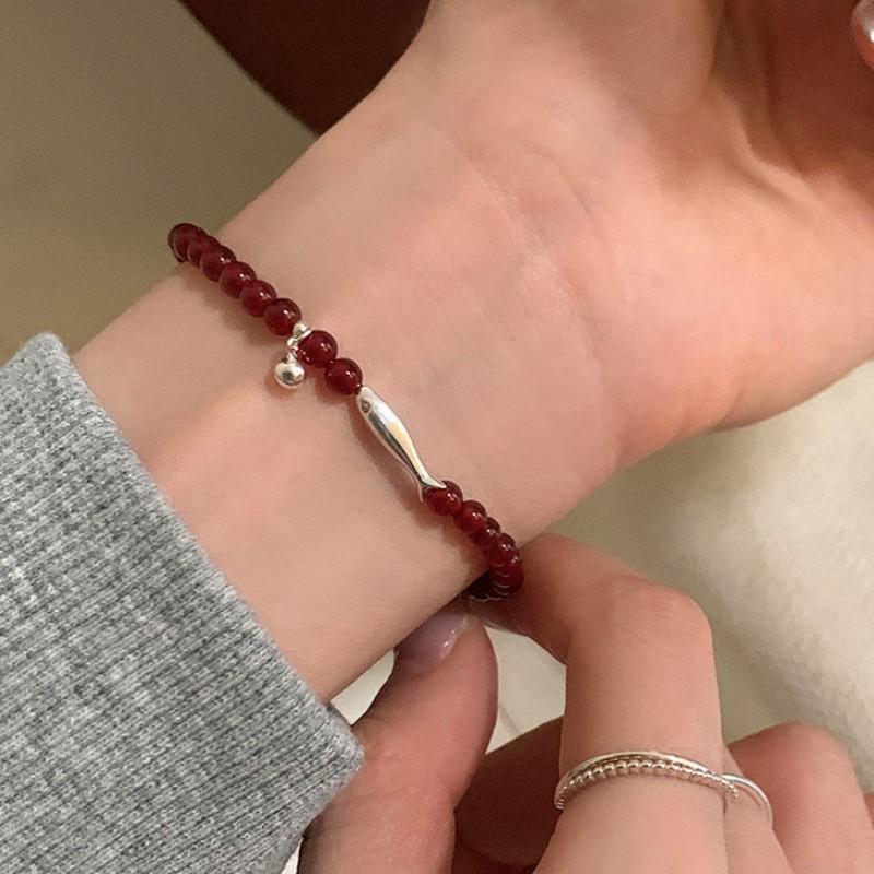 Korean INS Style Handmade Plated Copper Red Agate Fish Charm Bracelet Women Minimalist Layering Jewelry