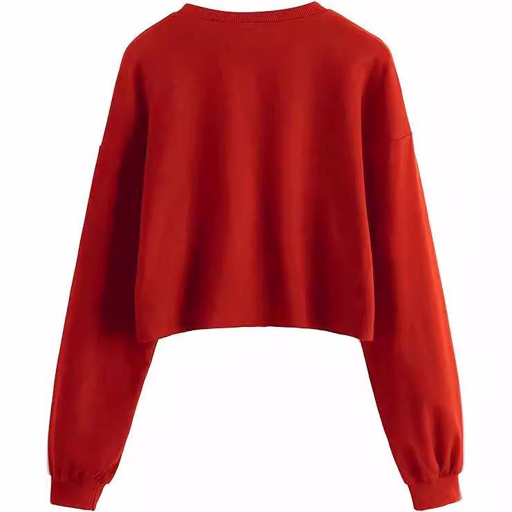 2024 Autumn/Winter Women's Solid Color Plus Velvet Loose Round Neck Short Hoodie