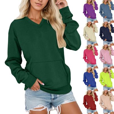 Damen V-Ausschnitt Langarm Lockerer Pullover mit Tasche