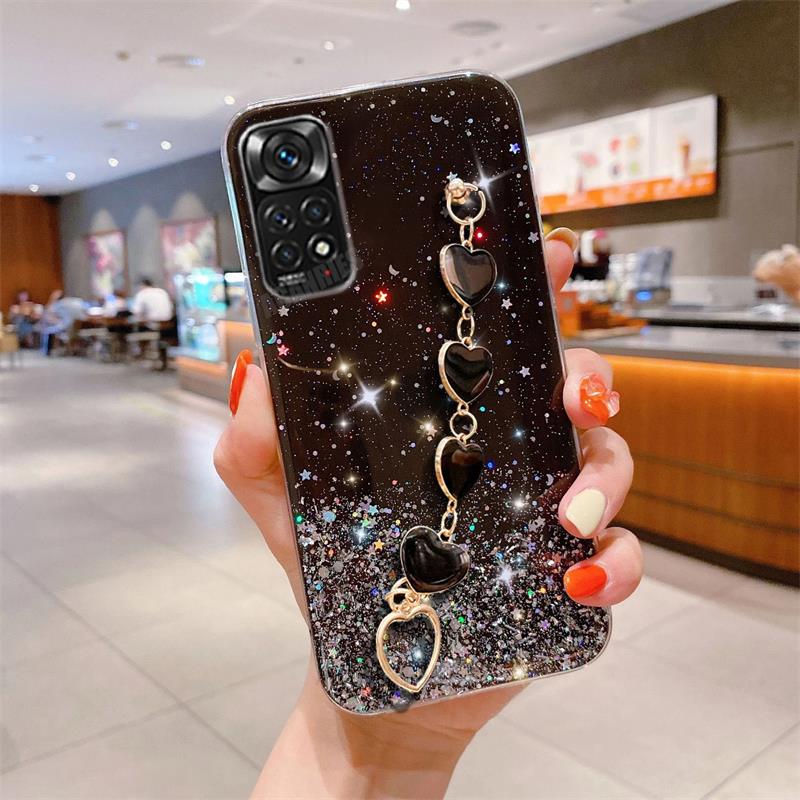 

Note11s, блестящий чехол с цепочкой на запястье с изображением сердца для Xiaomi Redmi Note 11 Pro 4g 5g 11pro Plus 10 10s 9 9s, силиконовый чехол для браслета Redmi Note 11