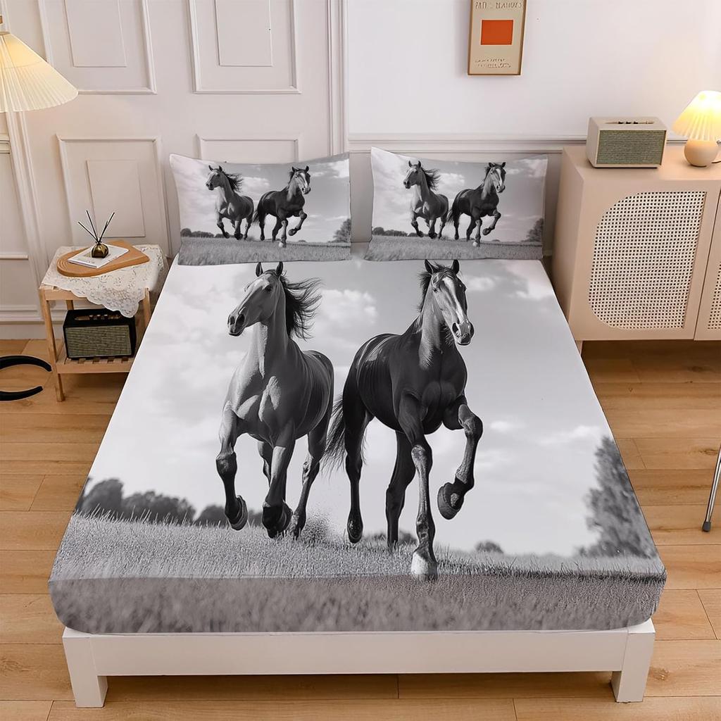 Single Fitted Sheets,Microfibre Fitted Bed Sheets Set, 30 cm Deep Pocket Fitted Sheet,Horse Print Bedsheets with Pillowcase