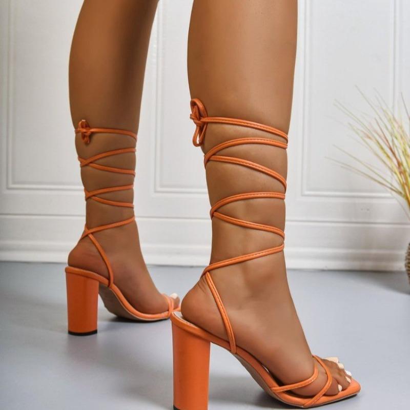 Fashion Cross Thin Strap Block Heel Sandals Women's Fashion Square Toe Open Toe Anti-slip Wear-resistant High Heels