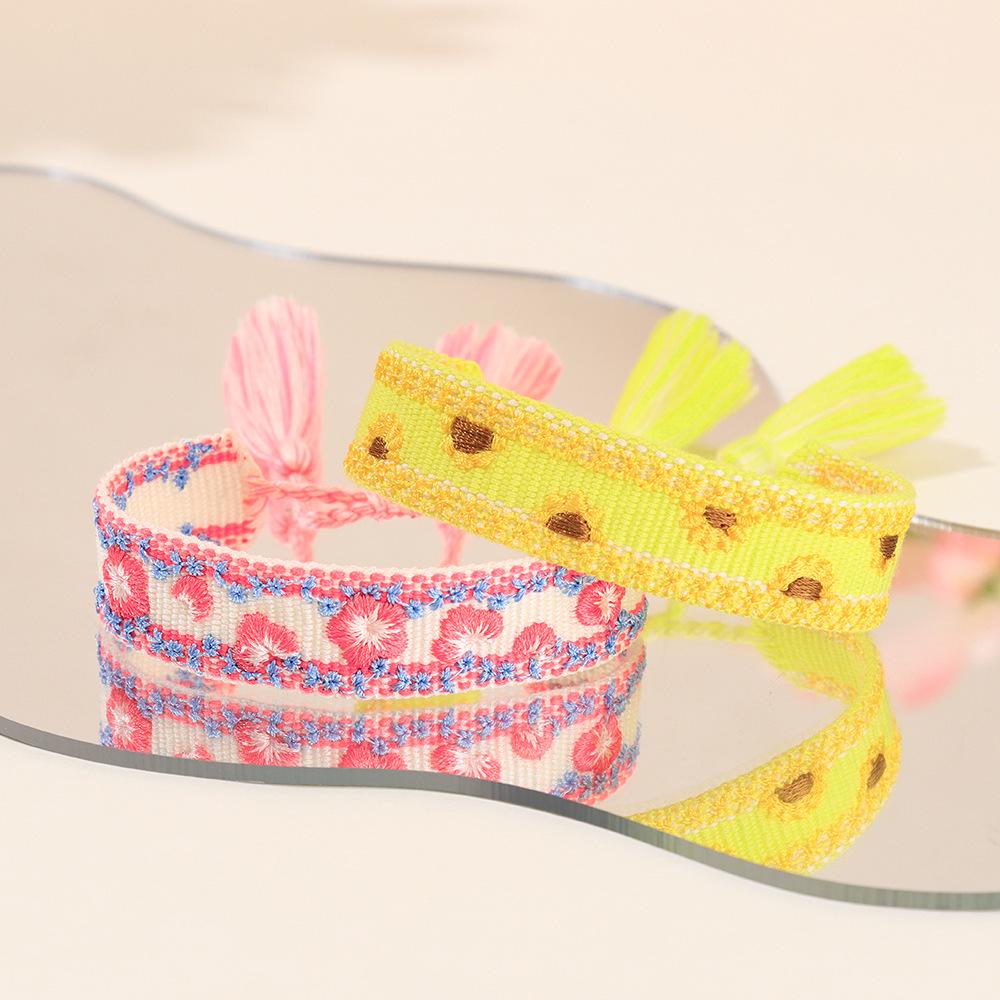 Floral Embroidery Woven Bracelet: European & American Style with Lily, Cherry Blossom, Rose