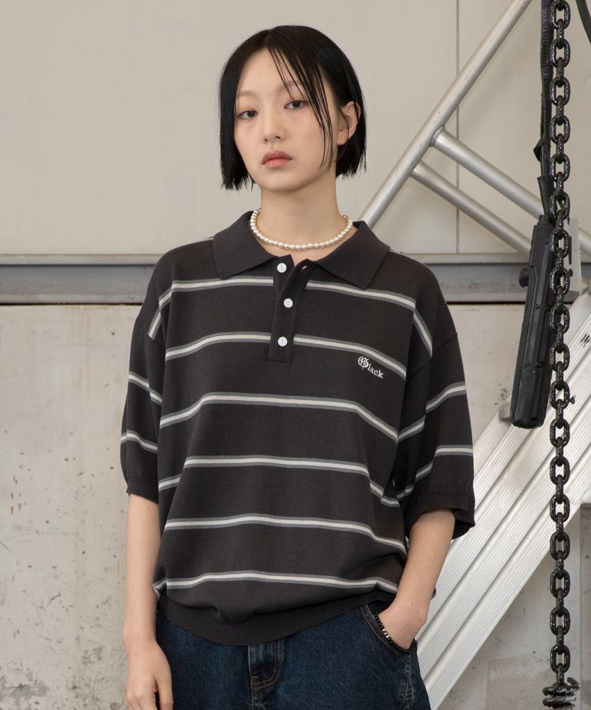 GLACK Gnt016 Mobster Striped Collar Knit (Charcoal Gray)