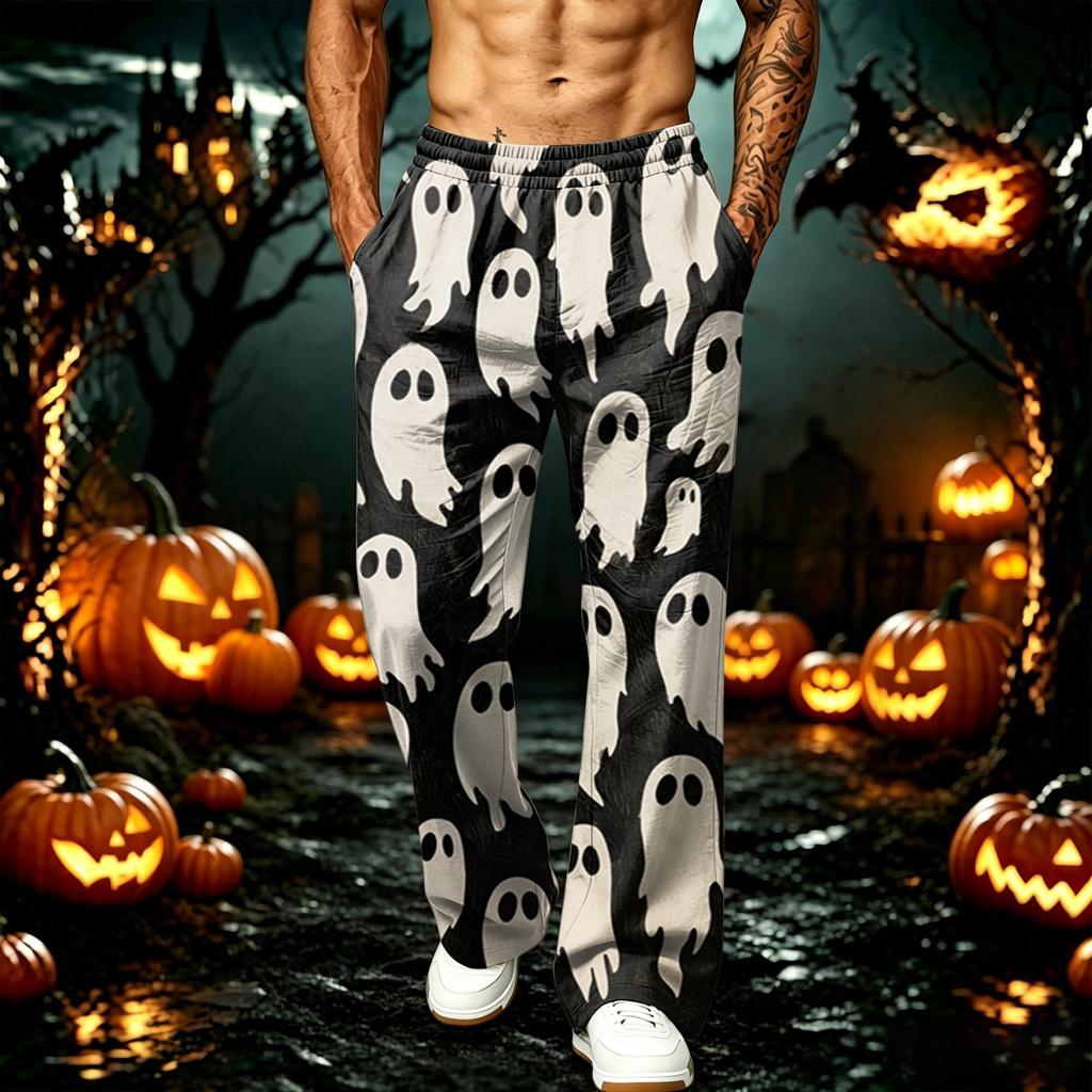 Herren Locker geschnittene Jogginghose mit Taschen Halloween-Print Schweißhose für Freizeit und Training