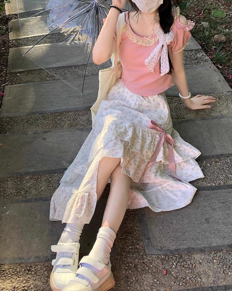 zZZZ Floral Bow Drawstring Midi Skirt - Irregular Hem, High Waist A-Line for Petites, Girly Style