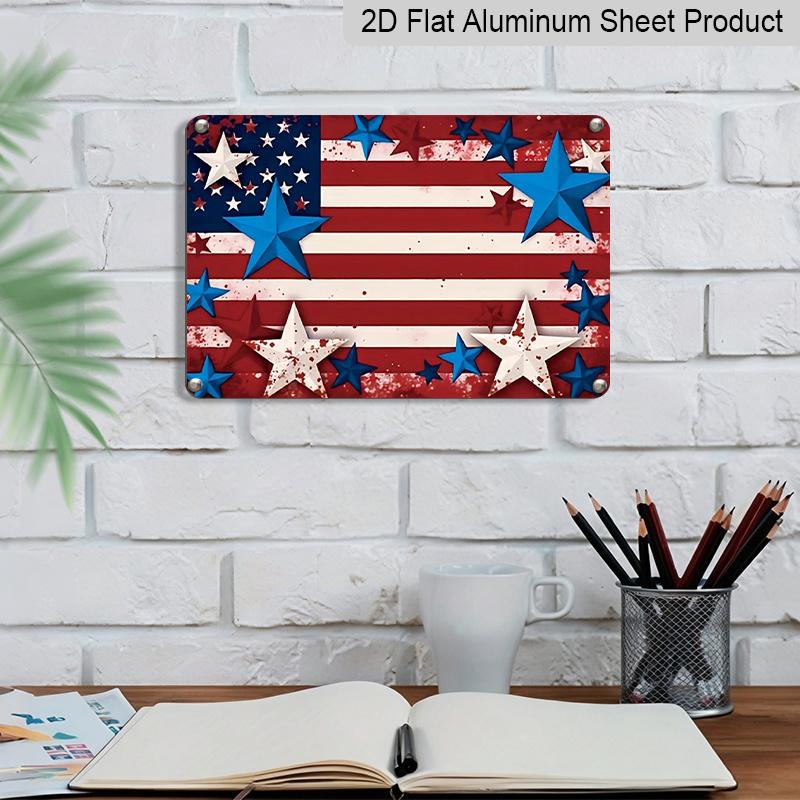 2D Flat, 1pc Patriotic Star Flag Decor Plaque, 12"×8" - Red White & Blue Star Design Wall Sign - Aluminium Wall Hanging Decoration for Holiday, Home