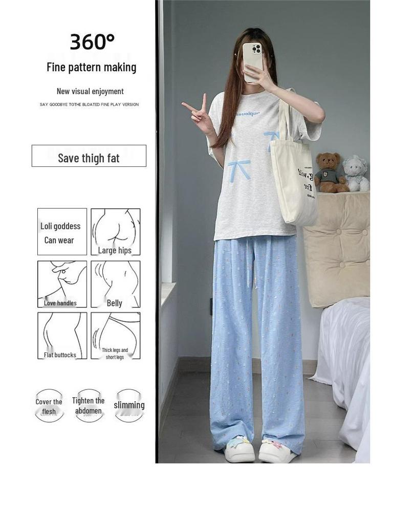 Women's Petite Blue Polka Dot Wide-Leg Summer Pants - High Waist, Thin Ice Silk Fabric