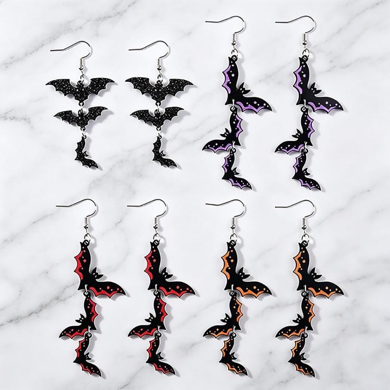 Bat Drop Earrings Lightweight Acrylic Hook Pair for Halloween Parties, Costume Looks and Themed Photo Styling Wear