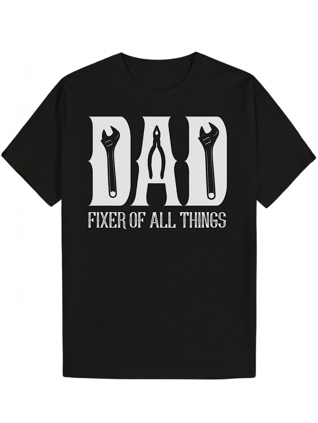 

Casual Black T-shirt with Dad Fixer of All Things Graphic - Bold Wrench Design M
