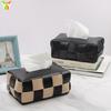 Modern PU Leather Tissue Box Cover With Checkerboard Living Room Bathroom Car Desk Decor