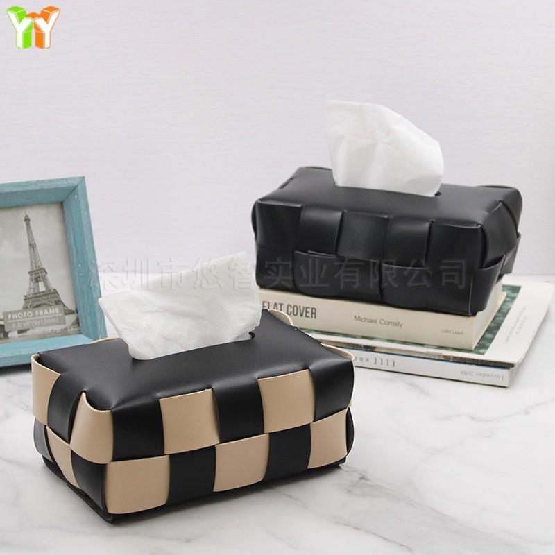 Modern PU Leather Tissue Box Cover With Checkerboard Living Room Bathroom Car Desk Decor