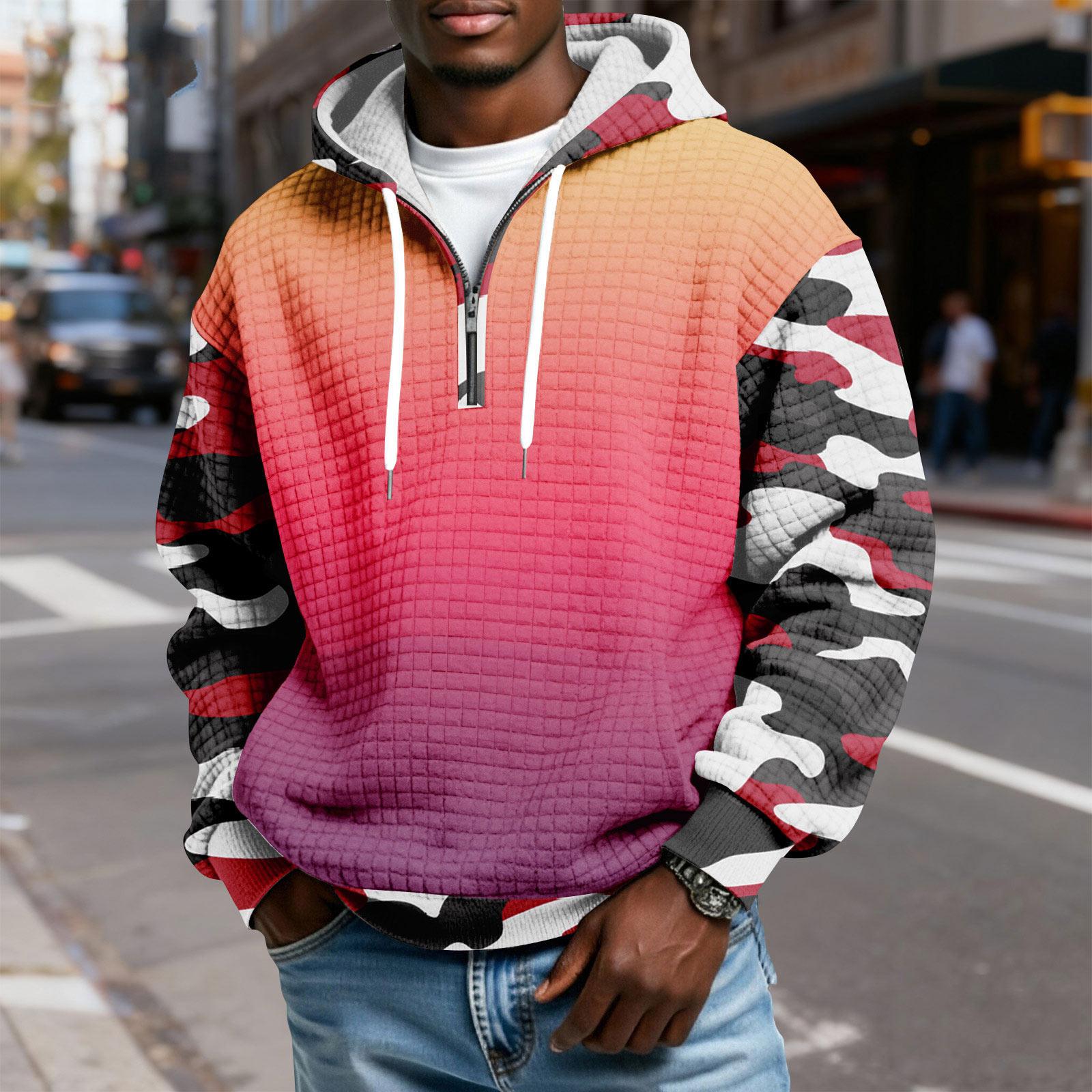 

Men s Half-Zip Hooded Plaid Pullover Drawstring Print Casual Sports Sweatshirt XL