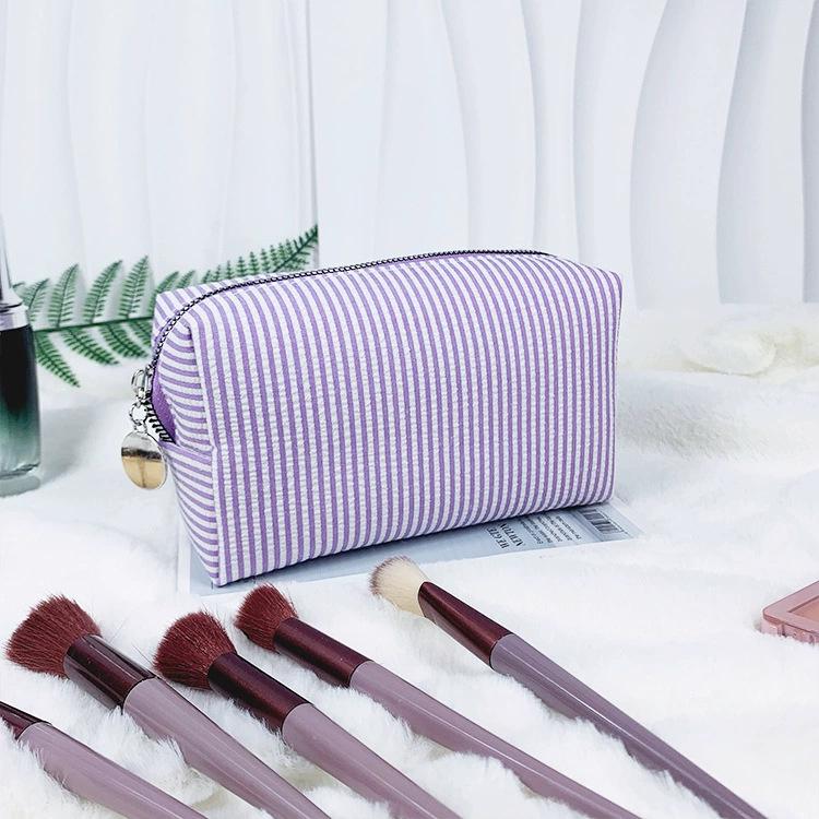 Personalized Seersucker Embroidered Striped Makeup Bag for Travel & Toiletries