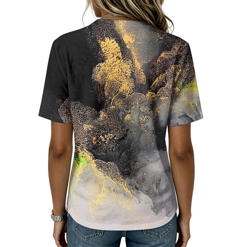 Damen Henley-Shirt mit kurzen Ärmeln Knopfleiste Leinen-Baumwollmischung Lässige bedruckte Bluse Leichtes Sommeroberteil