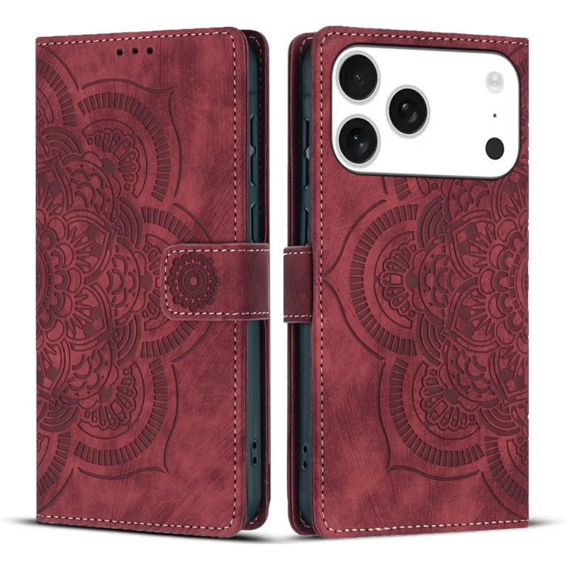 

For iPhone 17 Pro Leather Case WANLONFENG HDM Series Mandala Imprint Wallet Stand Phone Cover Wine Red