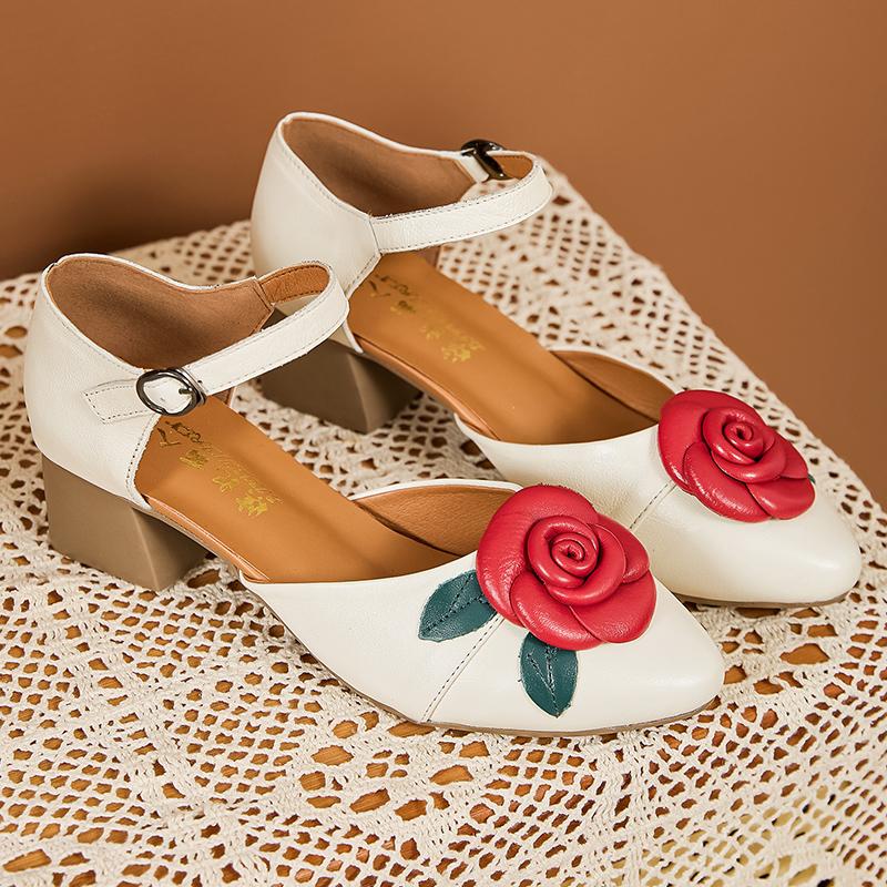 Fashion GKTINOO Women Mother Ladies Female Genuine Leather Sandals Shoes Platform Summer Cool Beach Retro Flowers High Heel Buckle Strap