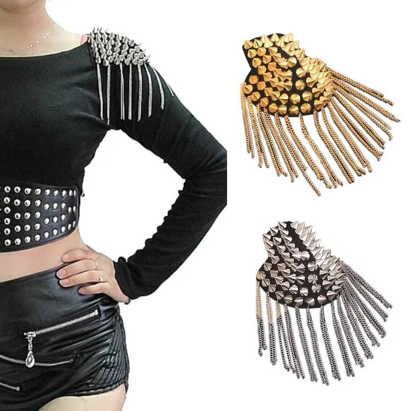 1 peça Broche Punk com Franja de Corrente, Rebite e Ombreira, Epaulete de Metal com Franja para Roupas de Mulheres e Homens, Acessórios de Emblema, Presente de Moda