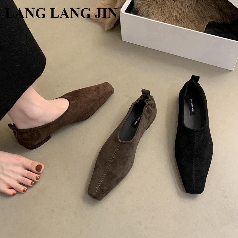 New Spring Autumn Shoes Women Loafers Suede Ballerina Square Toe Flats Ballet Shallow Soft Moccasins British Style Sneaker Mujer