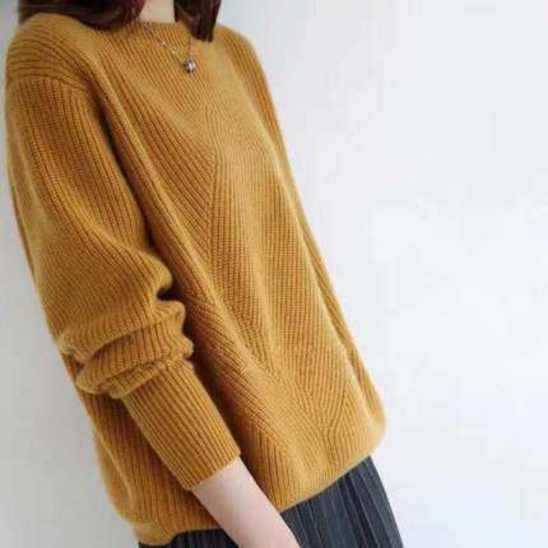 

Autumn and winter new women s crew neck pullover pure simple lazy solid color loose large size knitted bottoming shirt thick One Size