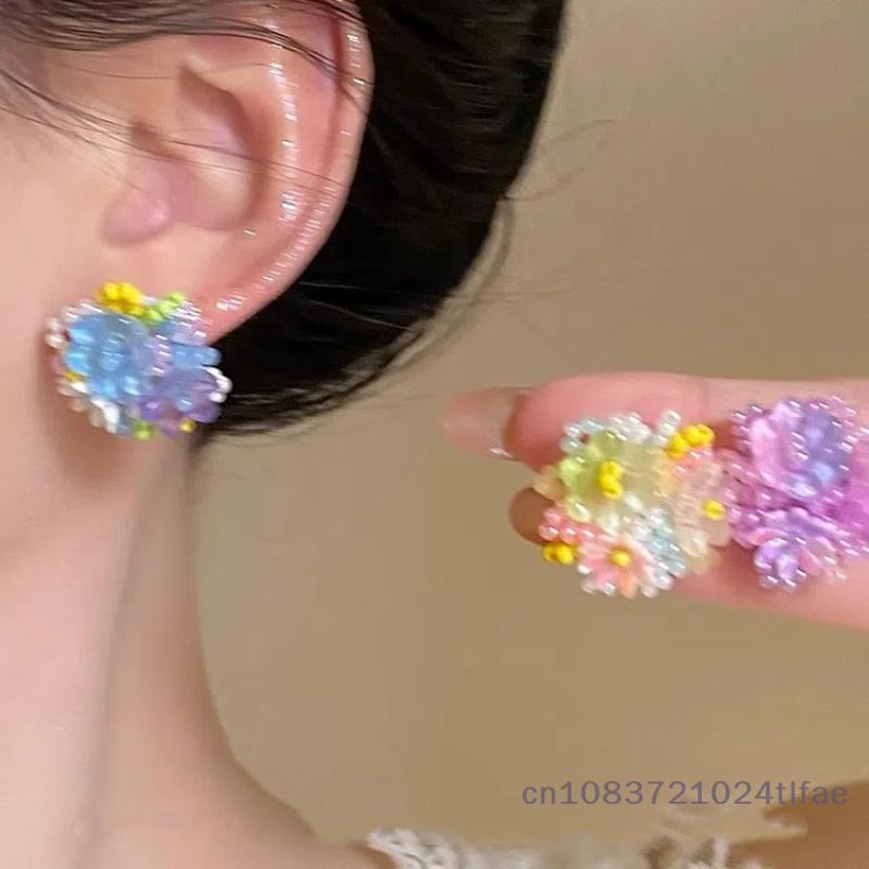 Embroidered Ball Flower Stud Earrings with Contrasting Resin for Stylish Women; Sweet Fashion Ear Jewelry