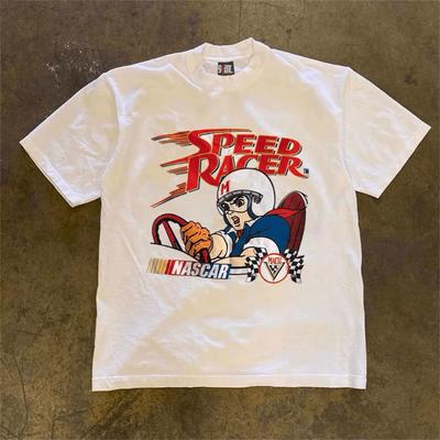 Anime Racer Herenkleding Mode Zomer T-shirts Streetwear 100% Katoen Losse Tops Ademend T-shirt Effen Kleur Vintage Streetwear