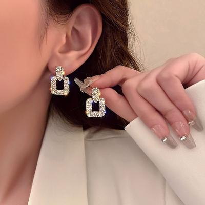 Vintage Shiny Rhinestone Geometric Pendant Earrings for Women Crystal Statement Earrings Wedding Party Fashion Jewelry Gifts
