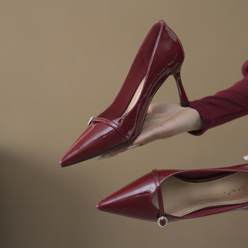 361-8 Patent Leather One-word Buckle Temperament High Heels Pointed Stiletto Wedding Shoes Bridesmaid Shoes Banquet Single Shoes Spring