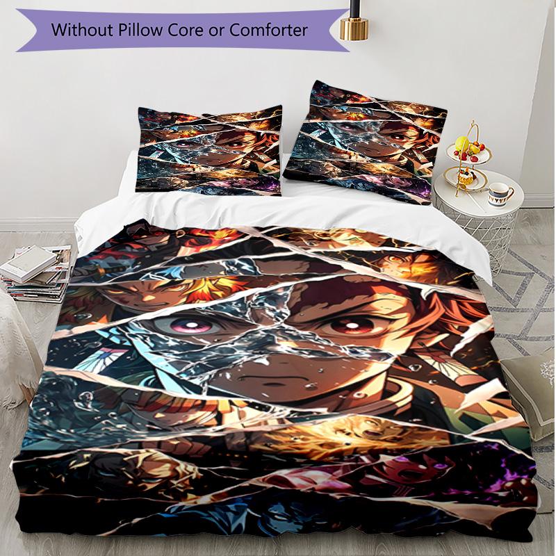 3pcs Duvet Cover Set (1*Duvet Cover + 2*Pillowcase, Without Core), Demon Slayer Print Soft All‑Season Bedding Set, Home Bedroom Decor Gift