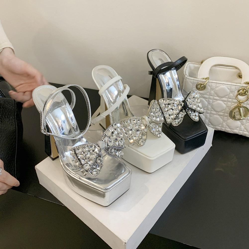 Bow high heels new luxury rhinestone simple waterproof table wine glass and women's sandals