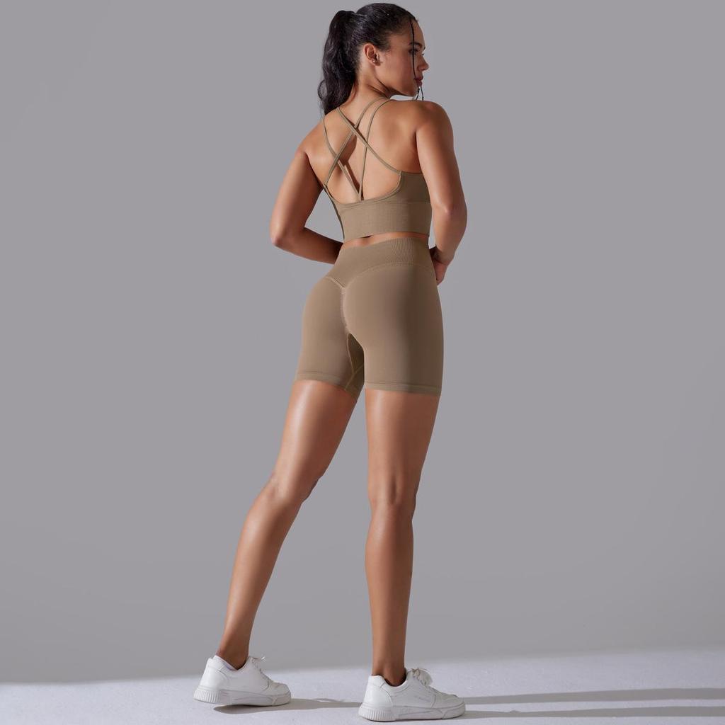 Seamless Knitted Solid Color Back High Elasticity Sports Tight Yoga Suit Set Running Fitness Two Piece Set