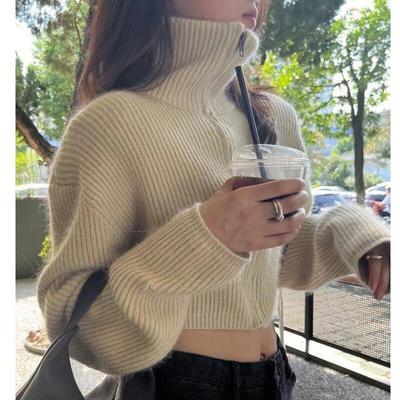 Sonbahar Kış Katı Gevşek Hırka Moda Fermuar Balıkçı Yaka Kısa Kazak Ceket Rahat Uzun Kollu Örme Süveter Üstleri 28644