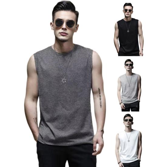Men Vest Sleeveless Round Neck Tops Wide Shoulder Quick-Drying Sports Straps Pure Color Casual Tank Tops