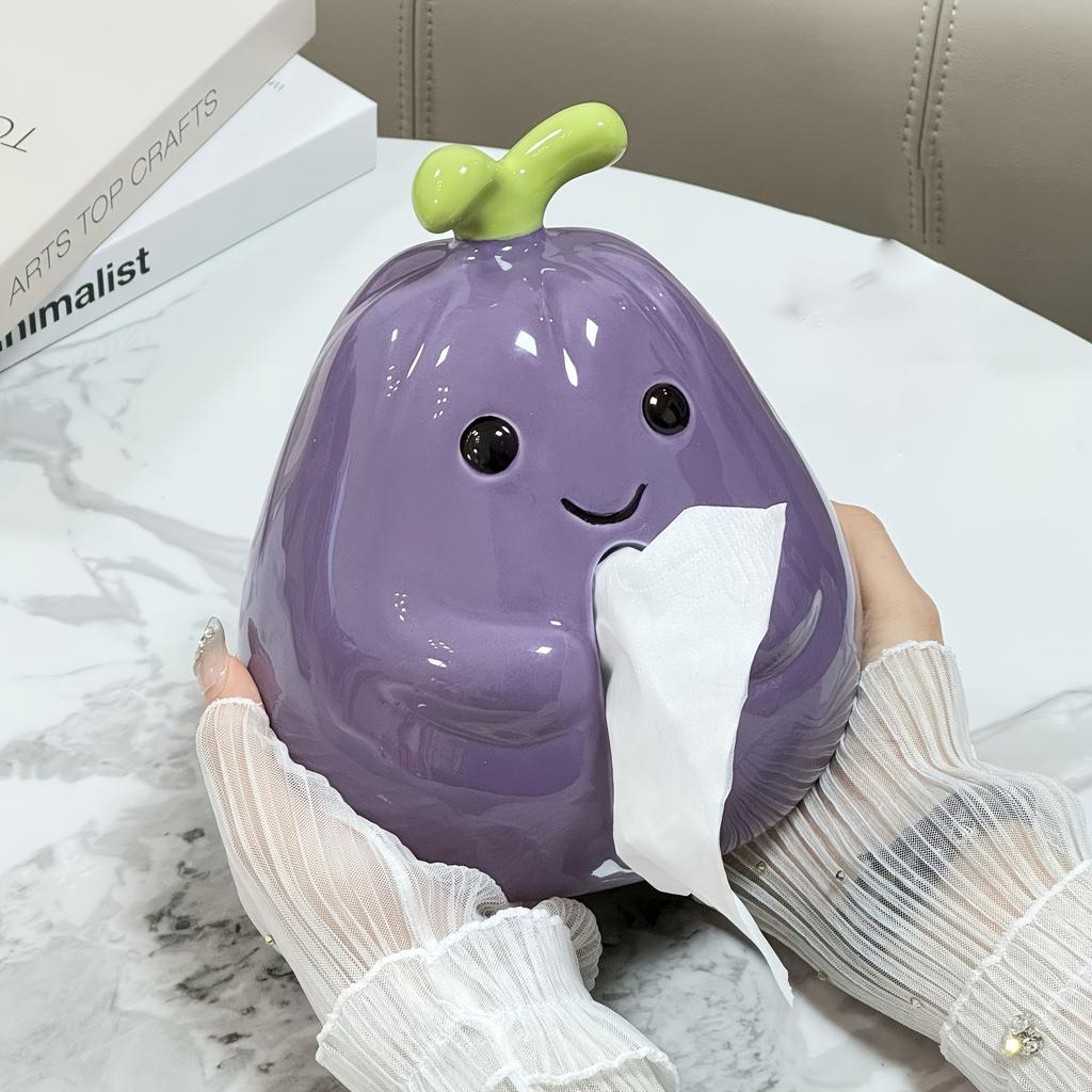 Charming Purple Eggplant Shaped Ceramic Tissue Box Holder with Green Ste,mLeaf Design,Cute Cartoon Kitchen Decor for Living Room or Dining Table