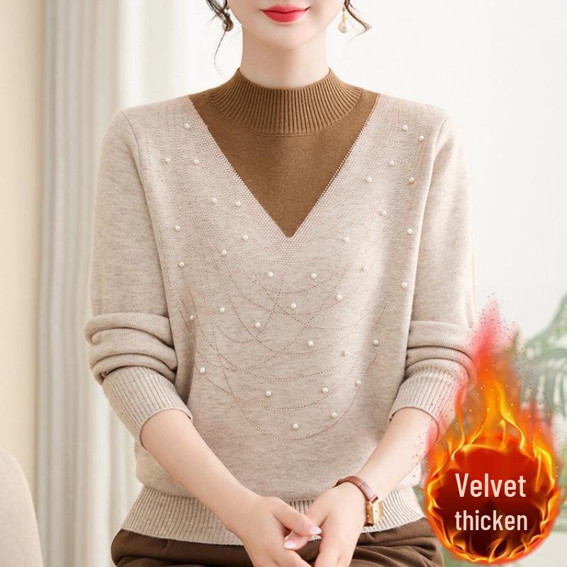 Mom's Velvet Thickened Knit Two-Piece Sweater for Autumn/Winter - Mid-Age Half-High Collar