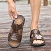 Daily Men Leather Sandals with Flat Sole Exposed Toe Stone Pattern Breathable Solid Color Classic Men Sandals Slippers