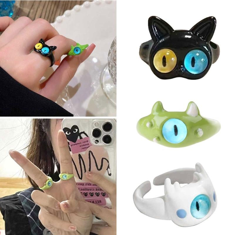 Funny Black Green White Cat Monster Ring Big Eyes Sweet Cool Cartoon Cute Girlfriends Couple Open Ring Gift Jewelry
