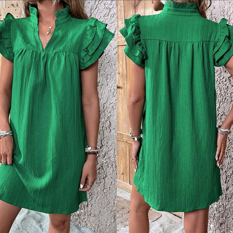 Tiered Flounce Sleeve Dress - V-Neck Pullover Maxi