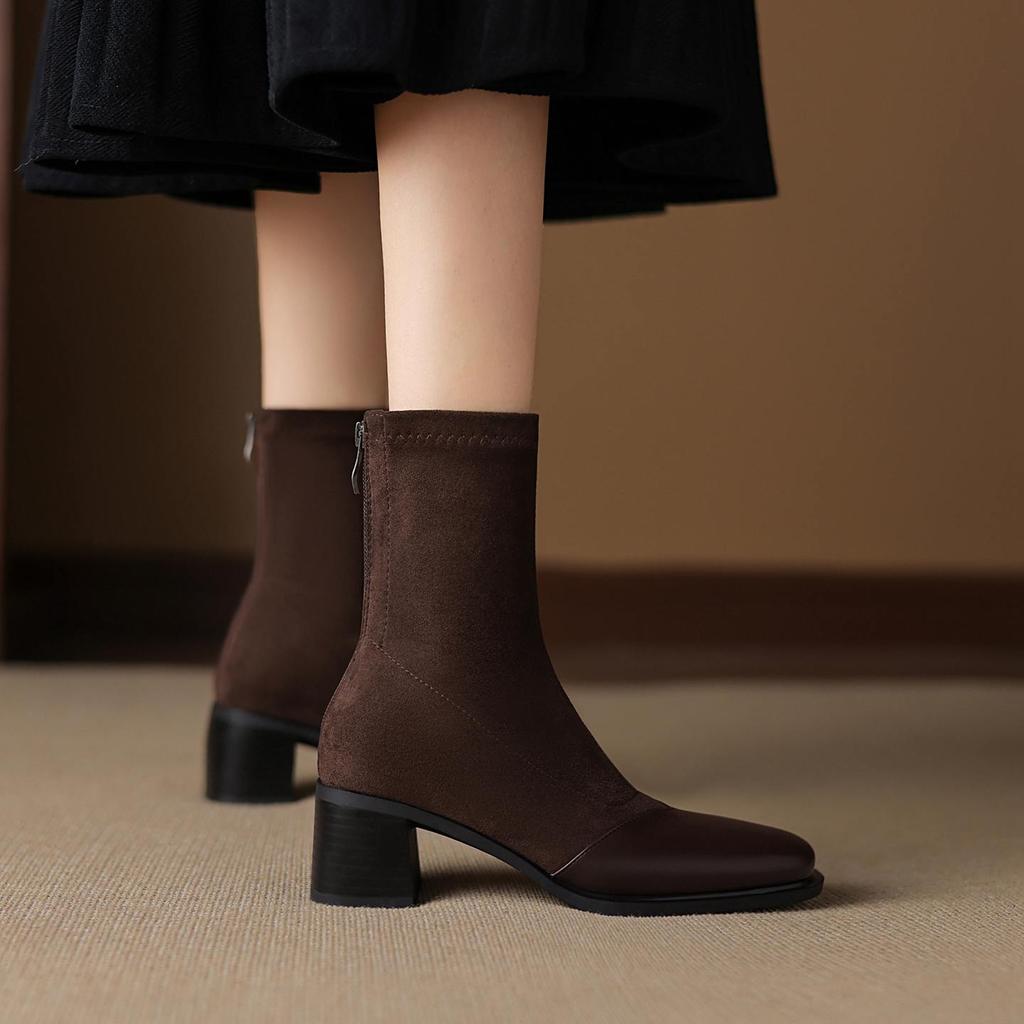 Krazing Pot Microfiber Flock Round Toe Med Heels Elastic Boots Size 43 Slip On Women Patch Work Ankle Boots