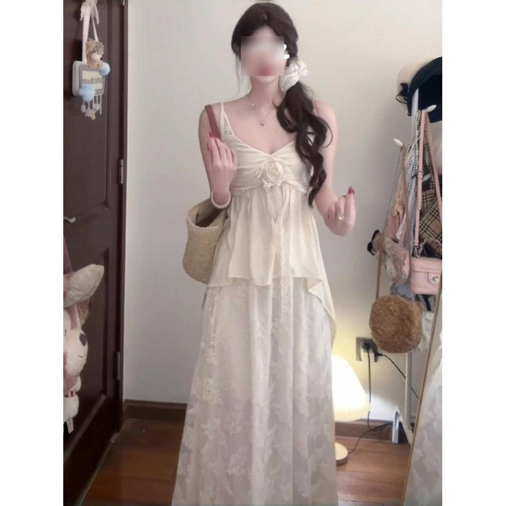 French Pure Desire Wind Sling Vest Top Lace Splicing Skirt Women's Design Dress Suit Summer