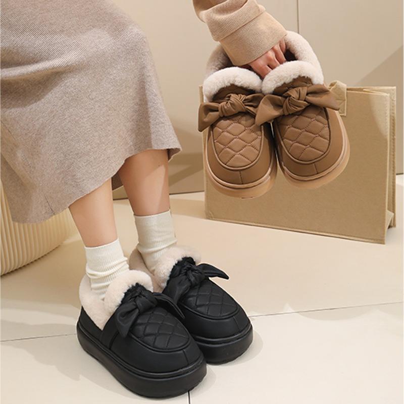 Cotton Slippers Women's Winter Bow Outer Wear Velvet Thickened Warm Pu Leather Waterproof Bag and Cotton Shoes